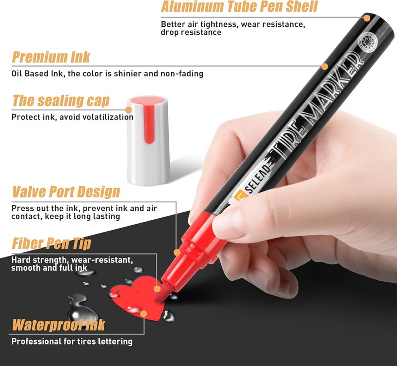 SELEAD Tire Marker White Red - 8 Pack Paint Pens for Car Tires Lettering, Premium Professional Oil Based Ink, Waterproof Quick Drying Non-Fading Permanent Markers - Image 4